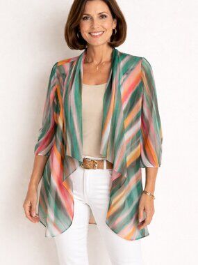 Investments Petite Large Open Cardigan Cascade Drape Mesh Sheer Multicolor NWT